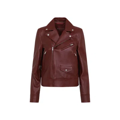 Gucci Leather Biker Jacket Puffer Jackets Brown In Red