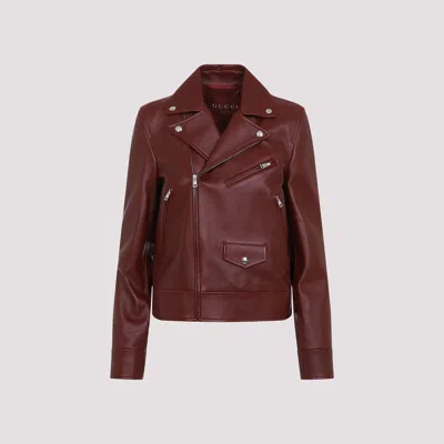 Gucci Leather Biker Jacket Puffer Jackets Brown In Red