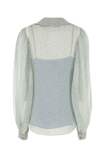 Gucci Women Grey Shirt With All-over Floral Print In Silk Chiffon Woman In Blue