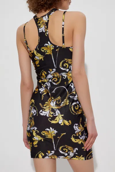 Versace Jeans Couture Mini Dress With "outline Baroque" Print In Black Gold
