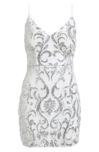Jump Apparel Sequin Tapestry Tie Back Cocktail Minidress In White