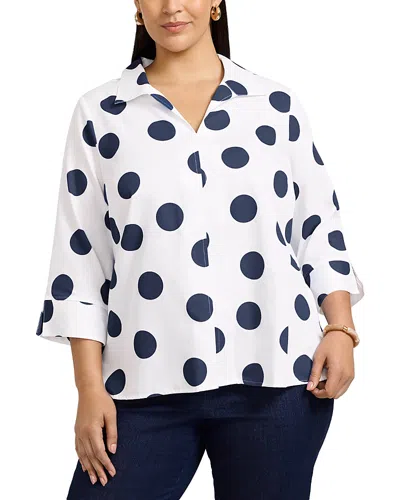 Foxcroft Plus Agnes 3/4 Sleeved Dot Shirt In White/navy