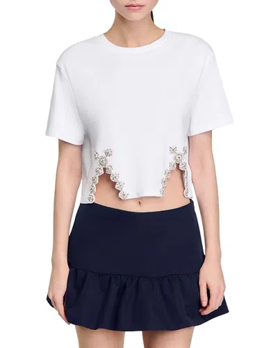 Sandro Womens Naturels Crystal-embellished Cut-out Cotton-blend T-shirt