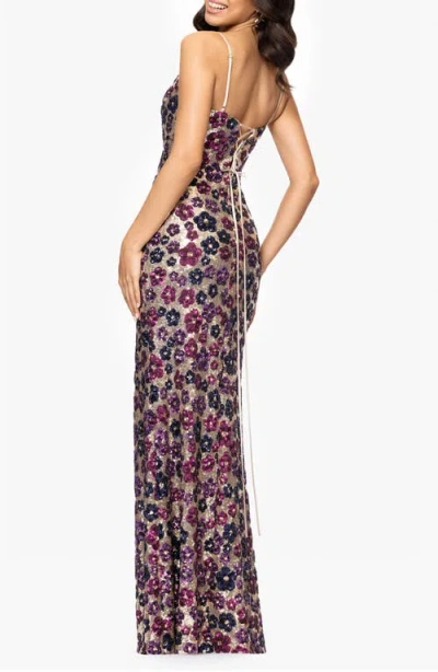 Betsy & Adam Floral Sequin Gown In Plum