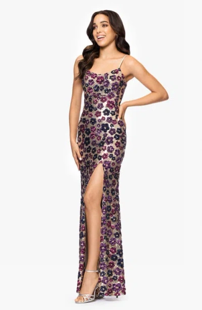 Betsy & Adam Floral Sequin Gown In Plum