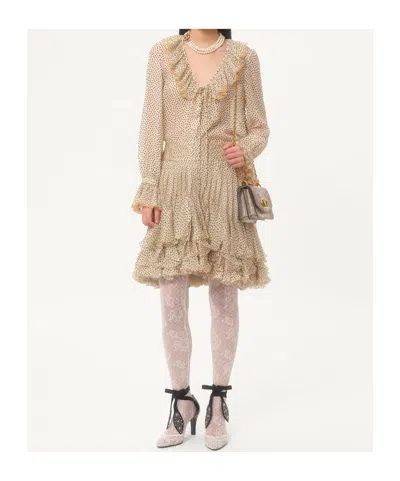 Valentino Lace-trimmed Ruffled Polka-dot Silk-chiffon Blouse In Neutrals