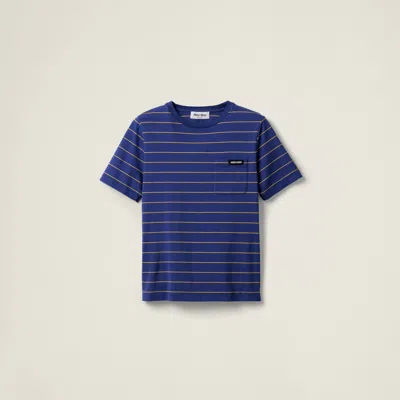 Miu Miu Logo Striped Short-sleeved T-shirt In Ink Blue/topaz