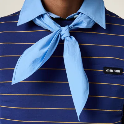 Miu Miu Logo Striped Short-sleeved T-shirt In Ink Blue/topaz