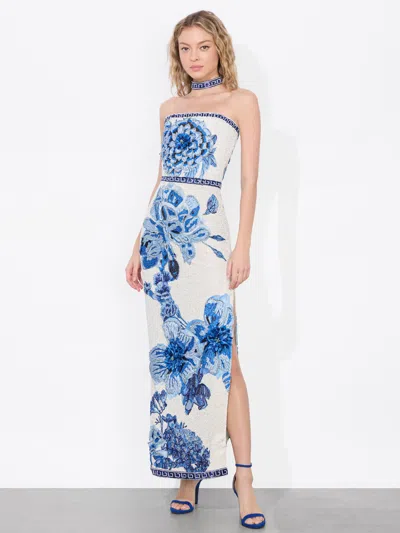 Alice And Olivia Georgie Embellished Strapless High Slit Gown With Collar In Affection
