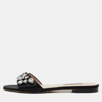 Pre-owned Sjp Sarah Jessica Parker Black Satin Crystal Embellished Flat Slides Size 37