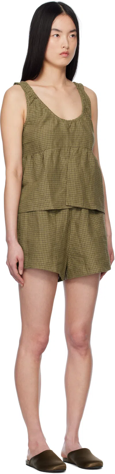 Deiji Studios Green Gathered Linen Pyjama Set In Pine Check