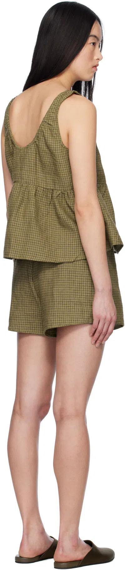 Deiji Studios Green Gathered Linen Pyjama Set In Pine Check