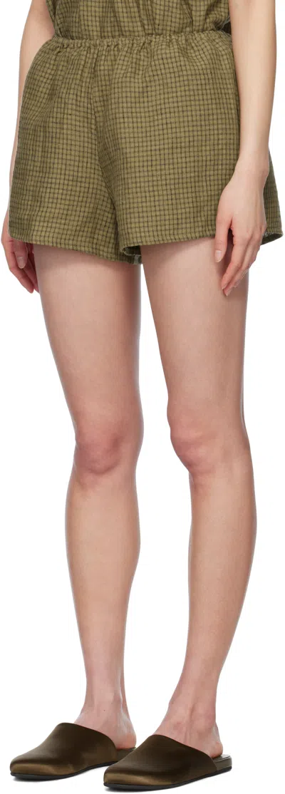 Deiji Studios Green Gathered Linen Pyjama Set In Pine Check