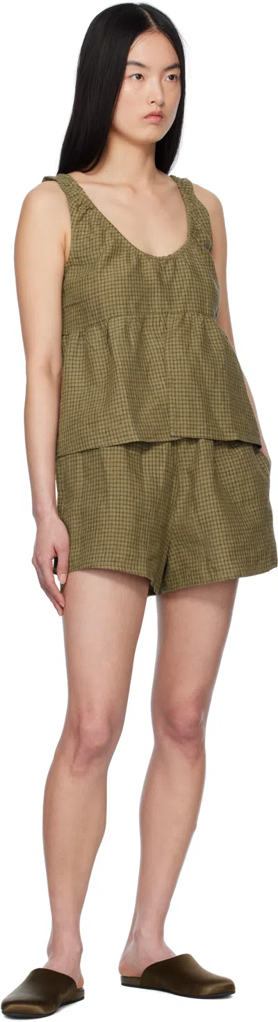 Deiji Studios Green Gathered Linen Pyjama Set In Pine Check