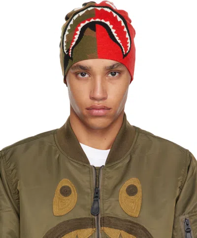 Bape Red & Green 1st Shark Knit Beanie In Red-red