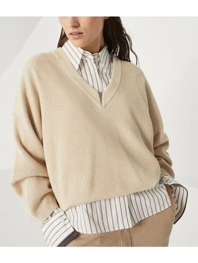 Brunello Cucinelli Cotton V-necked Sweater In Beige