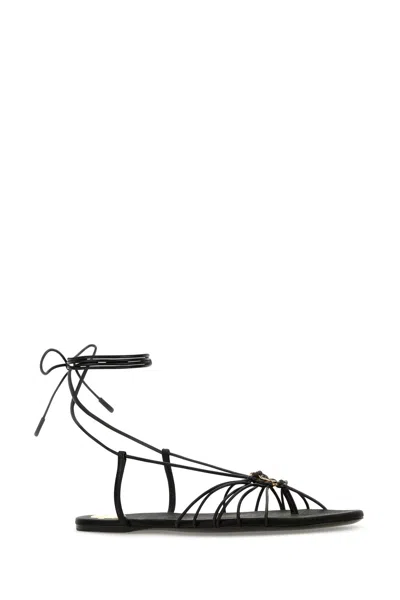 Saint Laurent Black Sandals With Cassandre Logo And Laces Around The Ankle In Leather Woman