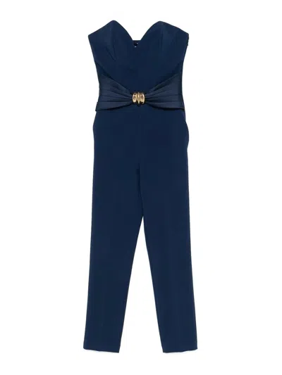Elisabetta Franchi Flowing Crepe Jumpsuit With Macro Blue Bow In Blue