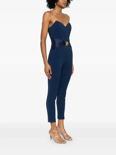 Elisabetta Franchi Flowing Crepe Jumpsuit With Macro Blue Bow In Blue