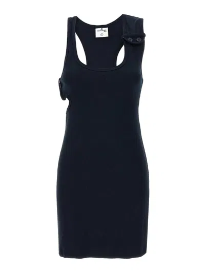 Courrèges Double Buckle 90's Rib Knit Dress In Blue