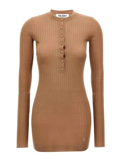 Attico Mini Dress With Ribbed Texture And Button Detailing In Brown