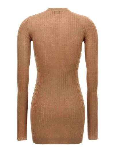 Attico Mini Dress With Ribbed Texture And Button Detailing In Brown