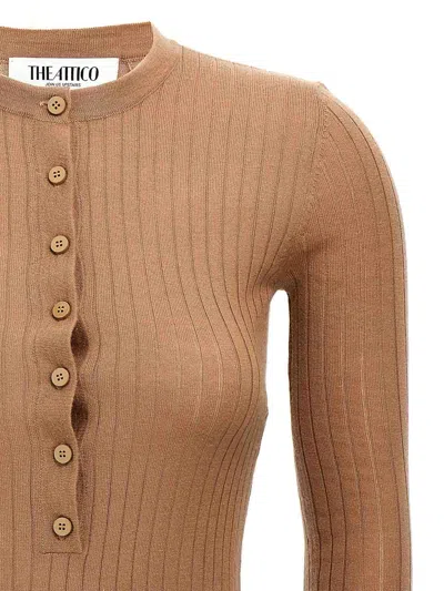 Attico Mini Dress With Ribbed Texture And Button Detailing In Brown