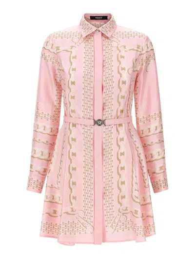 Versace Short Dress With Print In Pink