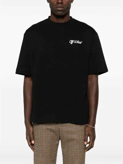 Off-white Crew-neck Cotton T-shirt With Contrasting Logo In Black