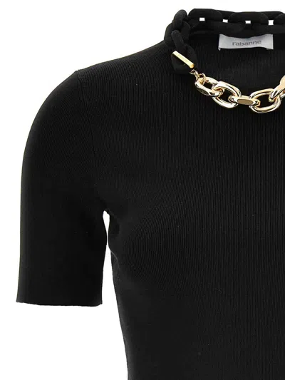 Rabanne Black Silk And Cotton T-shirt With Chain In Black