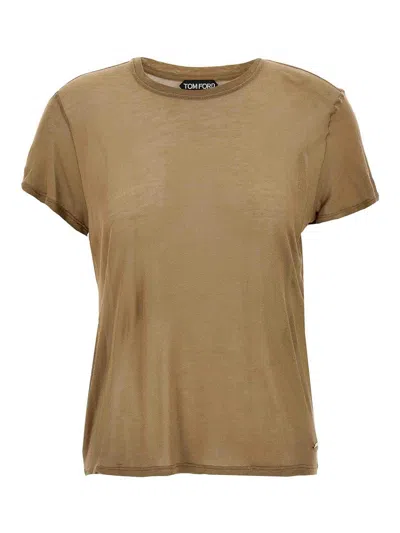 Tom Ford Crew Neck Bamboo T-shirt With Side Slits In Brown