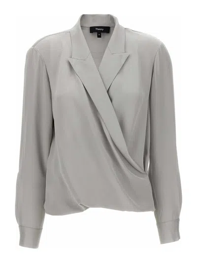 Theory Peak Lapel Wrap Blouse In Grey