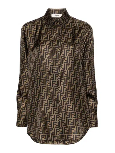 Fendi Silk Shirt With Curved Hem And Fabric-covered Buttons In Brown
