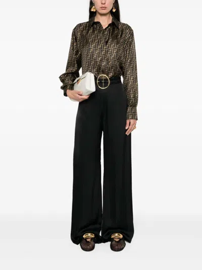 Fendi Silk Shirt With Curved Hem And Fabric-covered Buttons In Brown