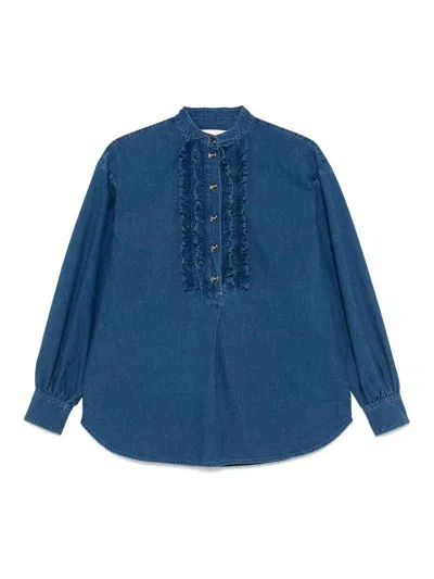 Valentino V-neck Ruffled Long Sleeves Top In Dark Wash