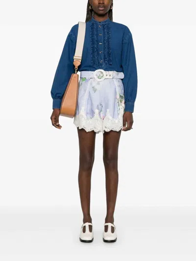 Valentino V-neck Ruffled Long Sleeves Top In Dark Wash