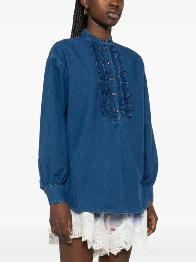 Valentino V-neck Ruffled Long Sleeves Top In Dark Wash