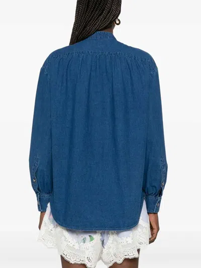 Valentino V-neck Ruffled Long Sleeves Top In Dark Wash
