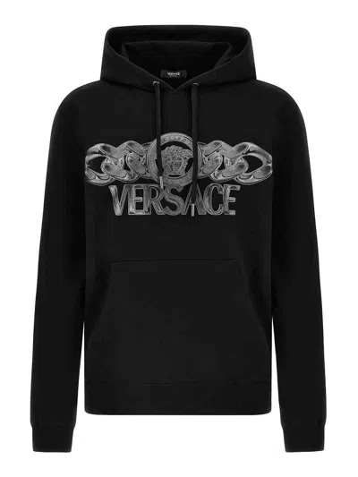 Versace Intricate Logo Print Sweatshirt With Kangaroo Pocket In Black