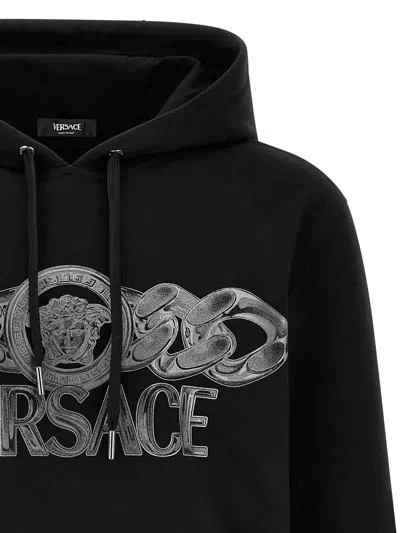 Versace Intricate Logo Print Sweatshirt With Kangaroo Pocket In Black