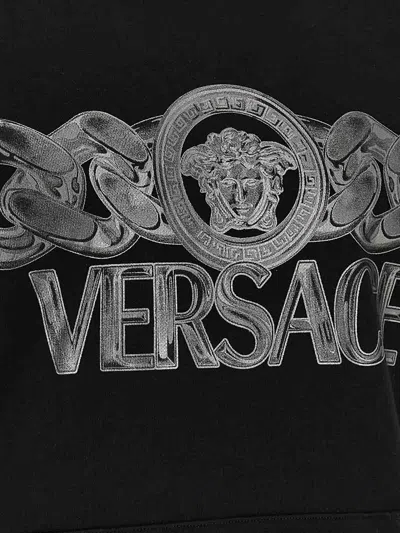 Versace Intricate Logo Print Sweatshirt With Kangaroo Pocket In Black