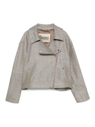 Herno Metallic Boucle Loop Biker Jacket In Grey