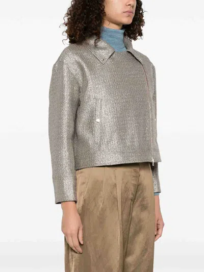 Herno Metallic Boucle Loop Biker Jacket In Grey