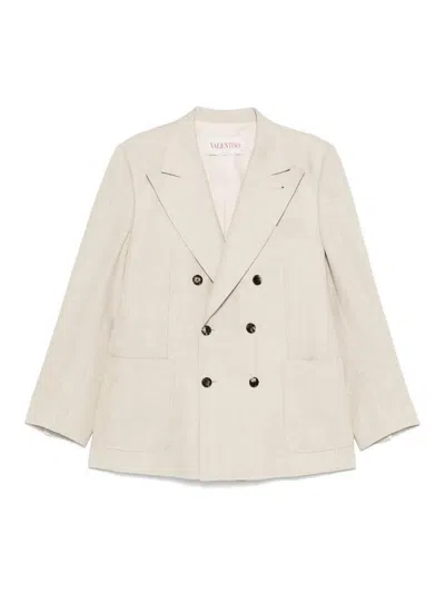 Valentino Double-breasted Linen Blend Jacket With Structured Fit In Neutral