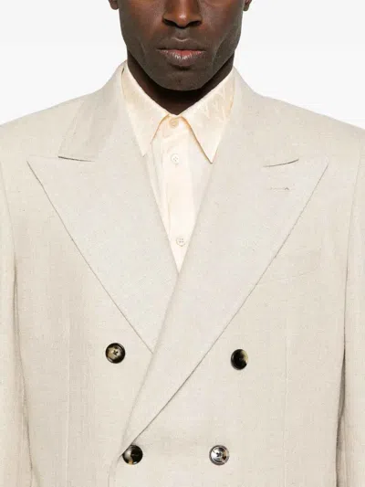Valentino Double-breasted Linen Blend Jacket With Structured Fit In Neutral