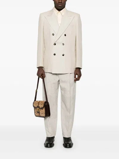 Valentino Double-breasted Linen Blend Jacket With Structured Fit In Neutral