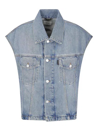 Haikure Boxy Denim Gilet With Pointed Collar In Blue
