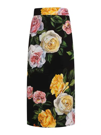 Dolce & Gabbana Peony And Rose Print Charmeuse Longuette Skirt In Multi