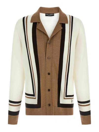 Dolce & Gabbana Wool Cardigan With Dg Embroidery In Neutrals