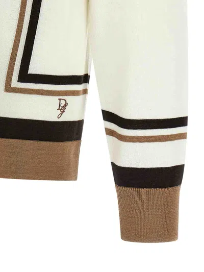 Dolce & Gabbana Wool Cardigan With Dg Embroidery In Neutrals